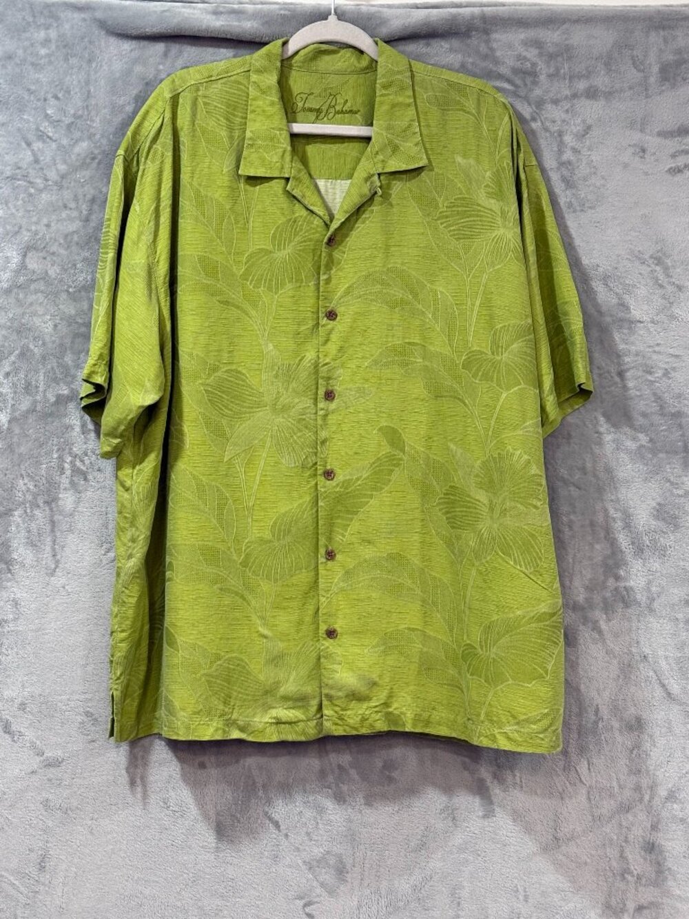 Tommy Bahama Men's Green 100% Silk Jacquard Floral Hawaiian Camp Shirt XXL Aloha